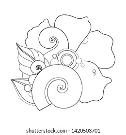 Monochrome Floral Illustration in Doodle Style. Decorative Composition with Flowers, Leaves and Swirls. Elegant Natural Motif. Simple Coloring Book Page. Vector Contour Art. Abstract Design Element