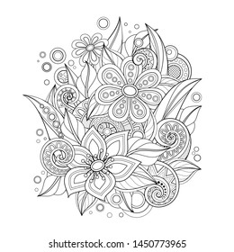 Monochrome Floral Illustration in Doodle Style. Decorative Composition with Flowers, Leaves and Swirls. Elegant Natural Motif. Coloring Book Page. Vector Contour Art. Abstract Design Element
