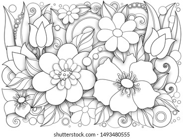 Monochrome Floral Illustration in Doodle Style. Decorative Composition with Flowers, Leaves and Swirls. Elegant Natural Motif. Coloring Book Page. Vector Contour 3d Art. Abstract Design Element