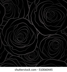 Monochrome floral image with gray rose flowers. Vector seamless pattern on a black background.