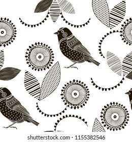Monochrome floral pattern with birds. Abstract seamless background.