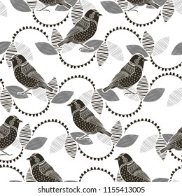 Monochrome floral pattern with birds. Abstract seamless background.