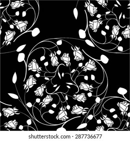 Monochrome floral pattern in circles, rose, seamless vector background.