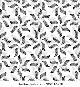 Monochrome floral pattern with curves stripes seamless vector background.