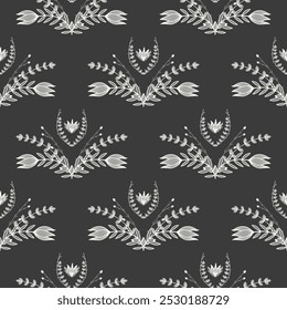 Monochrome floral pattern with delicate white flowers and foliage on a dark background. Elegant and modern, this black-and-white design evokes timeless sophistication with a vintage touch.