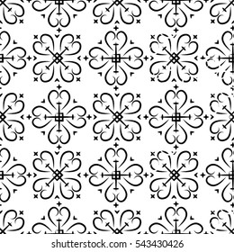 Monochrome floral pattern, diamond, square, heart, curve, seamless vector background.