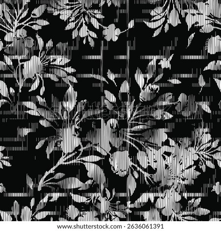 Monochrome Floral Pattern with Glitch Line Effect, Floral Seamless, 