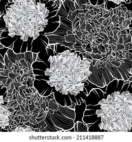 Monochrome floral pattern with peonies on a black background.