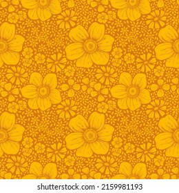 Monochrome floral pattern in retro style, vintage flowers, 60s, 70s style. Floral seamless background.