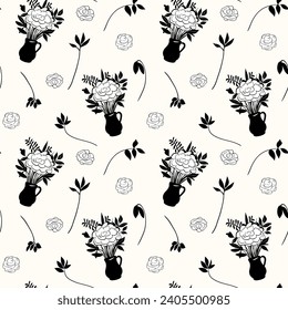 Patrón floral monocromo. El fondo es impecable, con ramas y ramos. Papel mural botánico dibujado a mano