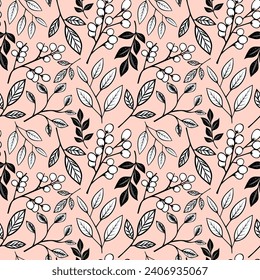 Monochrome floral pattern. Seamless background with leaves and branches. Hand drawn botanical wallpaper