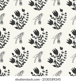 Monochrome floral pattern with tulips and leaves in Scandinavian folk style. Muted tones of black and grey with a minimalist, vintage look. Perfect whimsical, elegant timeless design.