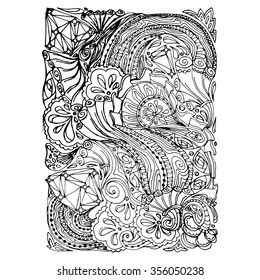Monochrome Floral Pattern Vector. Hand Drawn Texture with Flowers. Can be used for coloring book page design,anti stress hobby for adult.Vector black and white illustration.