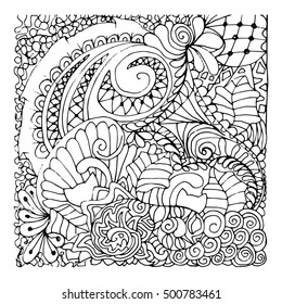 Monochrome Floral Pattern Vector. Hand Drawn Texture with Flowers. Can be used for coloring book page design,anti stress hobby for adult.Vector black and white illustration.