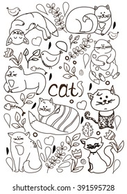 monochrome floral print of cats in different poses, contour postcard, drawing a line from the hand on white background