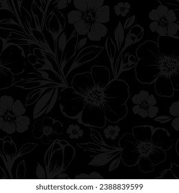 Monochrome floral print on black. Dark seamless background. Sakura Japanese Cherry Blossoms. hand drawing. Not AI, Vector illustration