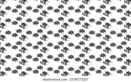 Monochrome Floral Repeat Pattern with Stylized Blossoms and Delicate Leaves Creates a Timeless Aesthetic Ideal for Textiles or Wallpaper Designs