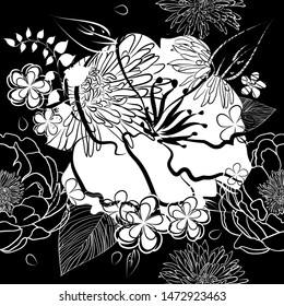 Monochrome floral seamless background. Vector illustration