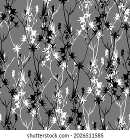 Monochrome floral seamless patern on gray background.