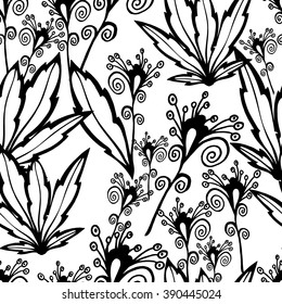 Monochrome floral seamless pattern. Black and white flowers and leaves.