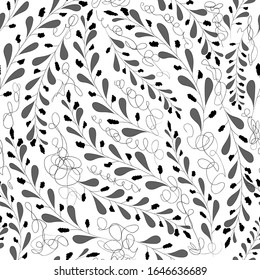 Monochrome floral seamless pattern. Branches with grey leaves on the white background. Design for cloth, card, print, wrapping. Vector. 