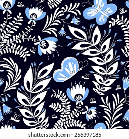 Monochrome floral seamless pattern with butterfly