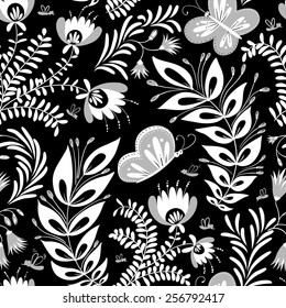 Monochrome floral seamless pattern with butterfly