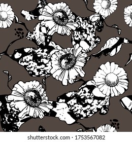Monochrome floral seamless pattern with chamomile. White flowers and leaves on gray background. Hand drawn black line. For design, textile, print, wallpapers, wrapping paper. Vector stock illustration