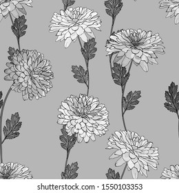 Monochrome floral seamless pattern with flowers, branch and leaves. Black and white chrysanthemums. For textile, fashion, wallpapers, greetings, web pages. Vector illustration.