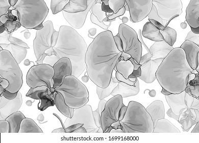 Monochrome floral seamless pattern with flowers orchids. Black and white. Hand drawn. For design, textile, print, wallpapers, wrapping paper. Vector stock illustration.