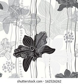 Monochrome floral seamless pattern with hand drawn orchids .Vector design.