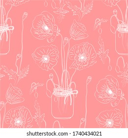 Monochrome floral seamless pattern with hand drawn poppy flowers inside mason jar on pink background. Stock vector illustration.