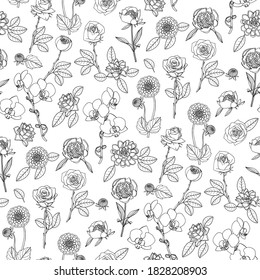 Monochrome floral seamless pattern with hand drawn flowers on white background. Stock vector illustration.