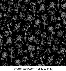 Monochrome floral seamless pattern with hand drawn flowers on black background. Stock vector illustration.