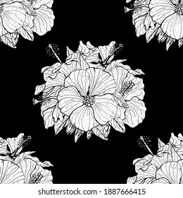 Monochrome floral seamless pattern with hand drawn hibiscus flowers on black background. Stock vector illustration.