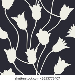 Modelo inconsútil floral monocromo con las siluetas blancas dibujadas a mano de las flores del tulipán en fondo negro. Fondo de pantalla de repetición floral boho de primavera. Ilustración vectorial de stock.