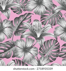Monochrome Floral seamless pattern with leaves., pink tropical background