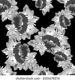 monochrome floral seamless pattern on black background for your designs, greeting cards, greeting cards, wedding invitation cards, birthday party, Valentine's day. Vector illustration.