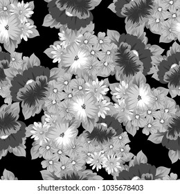 monochrome floral seamless pattern on black background for your designs, greeting cards, greeting cards, wedding invitation cards, birthday party, Valentine's day. Vector illustration.