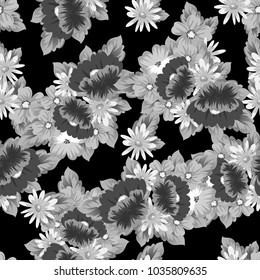 monochrome floral seamless pattern on black background for your designs, greeting cards, greeting cards, wedding invitation cards, birthday party, Valentine's day. Vector illustration.