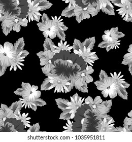monochrome floral seamless pattern on black background for your designs, greeting cards, greeting cards, wedding invitation cards, birthday party, Valentine's day. Vector illustration.