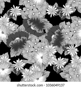 monochrome floral seamless pattern on black background for your designs, greeting cards, greeting cards, wedding invitation cards, birthday party, Valentine's day. Vector illustration.