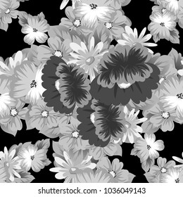 monochrome floral seamless pattern on black background for your designs, greeting cards, greeting cards, wedding invitation cards, birthday party, Valentine's day. Vector illustration.