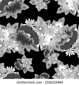 monochrome floral seamless pattern on black background for your designs, greeting cards, greeting cards, wedding invitation cards, birthday party, Valentine's day. Vector illustration.