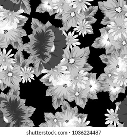 monochrome floral seamless pattern on black background for your designs, greeting cards, greeting cards, wedding invitation cards, birthday party, Valentine's day. Vector illustration.