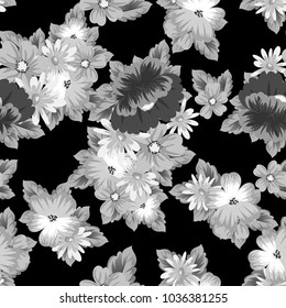 monochrome floral seamless pattern on black background for your designs, greeting cards, greeting cards, wedding invitation cards, birthday party, Valentine's day. Vector illustration.