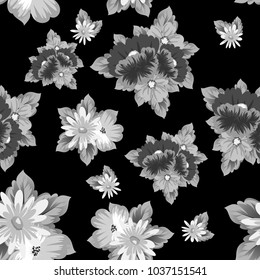 monochrome floral seamless pattern on black background for your designs, greeting cards, greeting cards, wedding invitation cards, birthday party, Valentine's day. Vector illustration.
