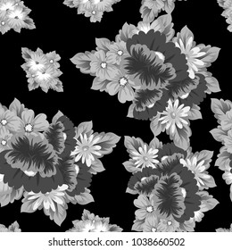 monochrome floral seamless pattern on black background for your designs, greeting cards, greeting cards, wedding invitation cards, birthday party, Valentine's day. Vector illustration.