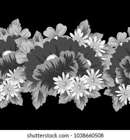 monochrome floral seamless pattern on black background for your designs, greeting cards, greeting cards, wedding invitation cards, birthday party, Valentine's day. Vector illustration.