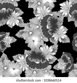 monochrome floral seamless pattern on black background for your designs, greeting cards, greeting cards, wedding invitation cards, birthday party, Valentine's day. Vector illustration.